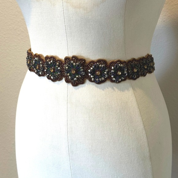 Elastic Waist‎ Belt Flower Beaded Accents Small Gold Brown Boho Indie main image 5
